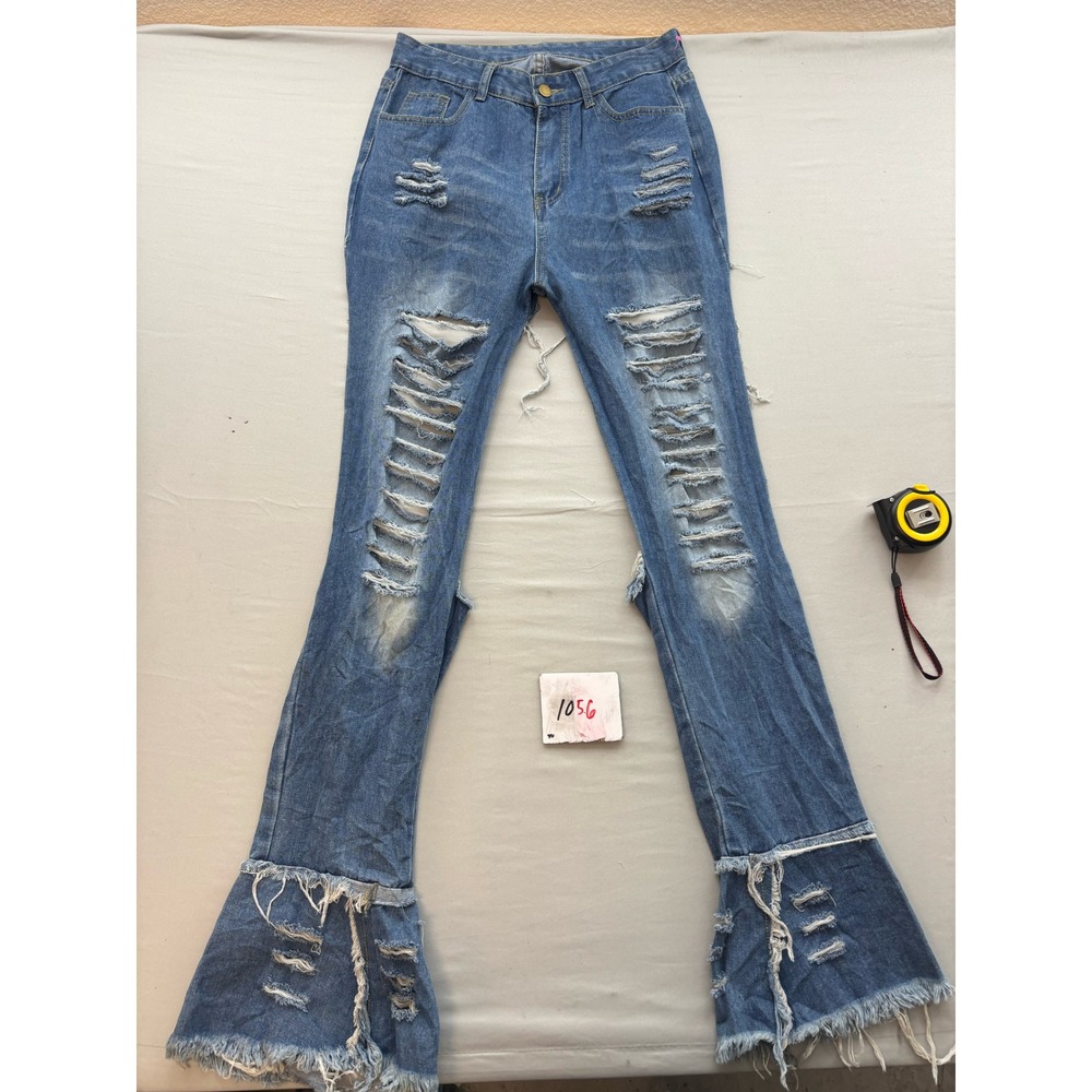 Distressed Flare Leg Jeans Medium Wash Ripped Shredded Bell Bottom Denim Size M